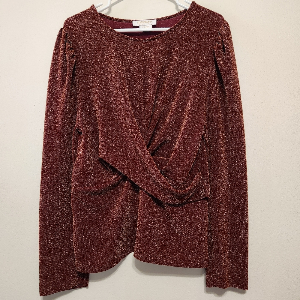 Cocobleu Metallic Gold Twist Front Long Sleeve Top